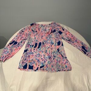 Lilly Pulitzer Women’s Blouse Size M Pink Blue Tropical Print Long Sleeve Top
